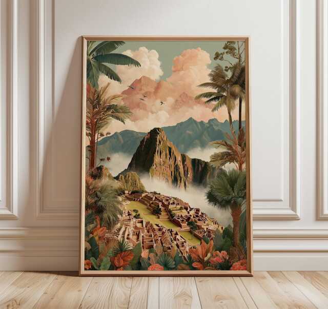 Machu Picchu Poster - Peru Mountain Landscape Wall Art Vintage Travel Illustration Print - image 1