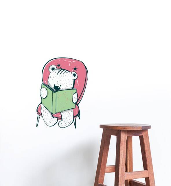 Bear Reading On Pink Chair Wall Sticker Decal - Kids Stickers, Animals Childrens Decals, Art, Room
