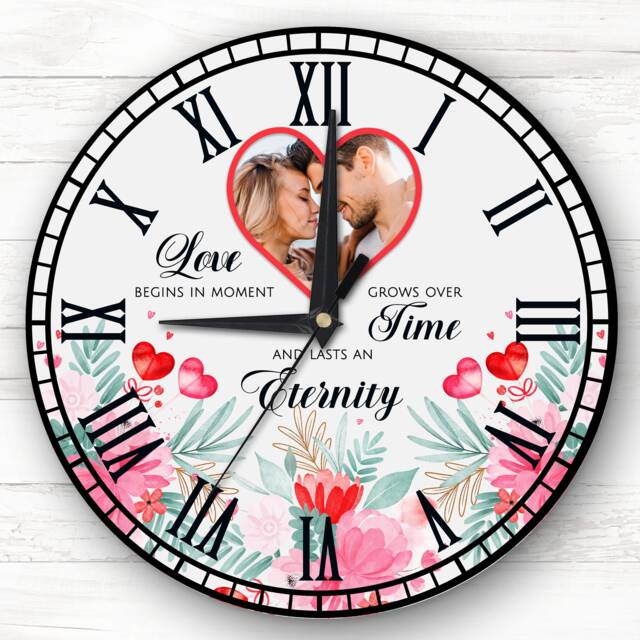 Love Floral Photo Valentine's Day Gift Anniversary Grey Personalised Clock - image 1