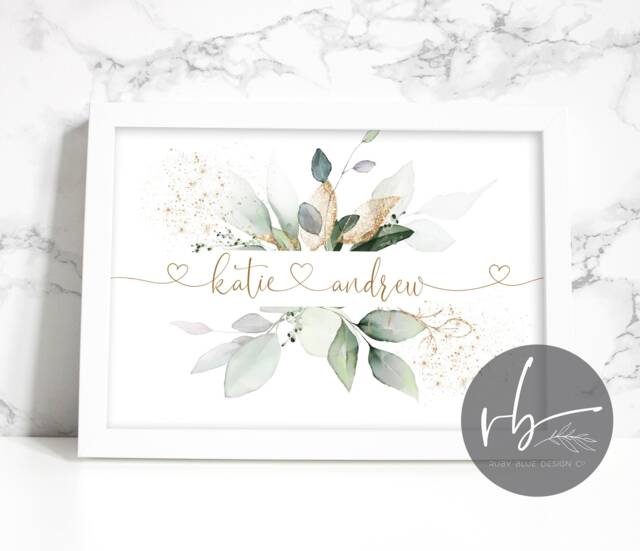 Family Names Heart Personalised Print, Family, Gold Greenery Foliage Eucalyptus Keepsake, New Home Gift, Couple Engagement Gift - image 1