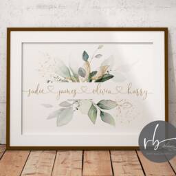 Family Names Heart Personalised Print, Family, Gold Greenery Foliage Eucalyptus Keepsake, New Home Gift, Couple Engagement Gift - thumbnail 2