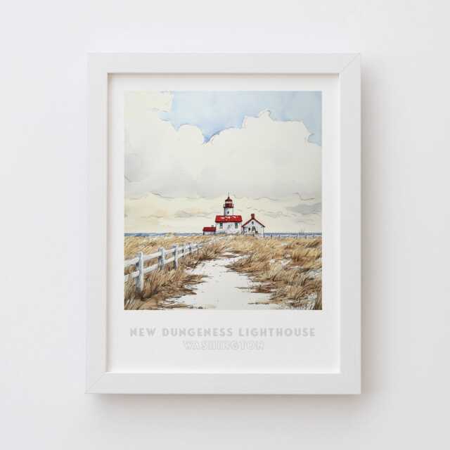New Dungeness Lighthouse Washington Wall Art Print - Pen Ink & Watercolor Coastal Decor Illustration, Archival Fine Art Print. State Gift - image 1