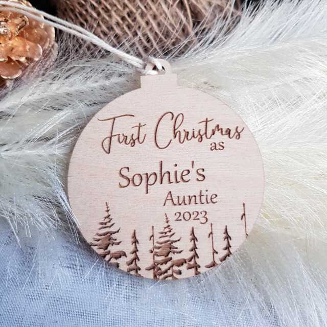 Personalised First Christmas As Auntie/Uncle Bauble, Eco-Friendly Wooden Tree Ornament, Winter Woodland Keepsake - image 1