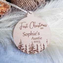 Personalised First Christmas As Auntie/Uncle Bauble, Eco-Friendly Wooden Tree Ornament, Winter Woodland Keepsake - thumbnail 1