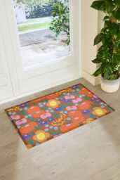 Elizabeth Olwen Red Floral Indoor Outdoor Doormat - Botanical Entrance Rug Retro Flower Decor Housewarming Gift 90x60cm - thumbnail 1