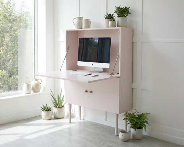 Fold Away Secretary Desk - Scandinavian Mid Century Inspired Pull-Down Workspace With Storage, Calamine - image 1