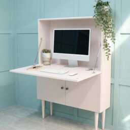 Fold Away Secretary Desk - Scandinavian Mid Century Inspired Pull-Down Workspace With Storage, Calamine - thumbnail 2
