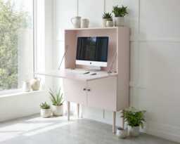 Fold Away Secretary Desk - Scandinavian Mid Century Inspired Pull-Down Workspace With Storage, Calamine