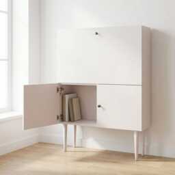 Fold Away Secretary Desk - Scandinavian Mid Century Inspired Pull-Down Workspace With Storage, Calamine - thumbnail 3