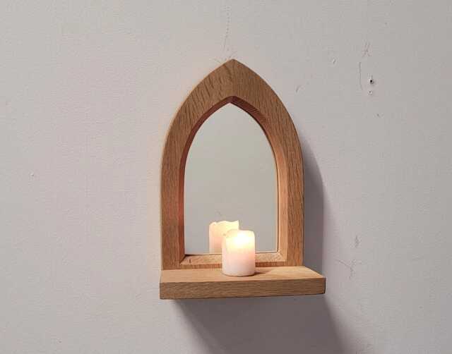 Unusual Gothic Arch Shaped Solid Wooden English Oak Wall Hanging Mirror & Shelf 26 cm Long Hand Made - image 1