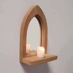 Unusual Gothic Arch Shaped Solid Wooden English Oak Wall Hanging Mirror & Shelf 26 cm Long Hand Made - thumbnail 3
