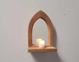 Unusual Gothic Arch Shaped Solid Wooden English Oak Wall Hanging Mirror & Shelf 26 cm Long Hand Made