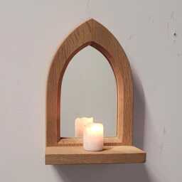 Unusual Gothic Arch Shaped Solid Wooden English Oak Wall Hanging Mirror & Shelf 26 cm Long Hand Made - thumbnail 2