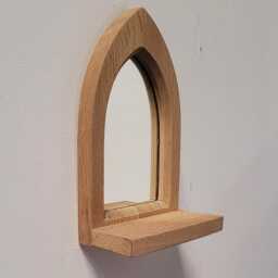 Unusual Gothic Arch Shaped Solid Wooden English Oak Wall Hanging Mirror & Shelf 26 cm Long Hand Made - thumbnail 4