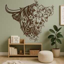 Floral Cow Wall Decal - Highland Vinyl Sticker Farmhouse Art Custom Sizes Available Glass & Vehicle Application Fa019 - thumbnail 3