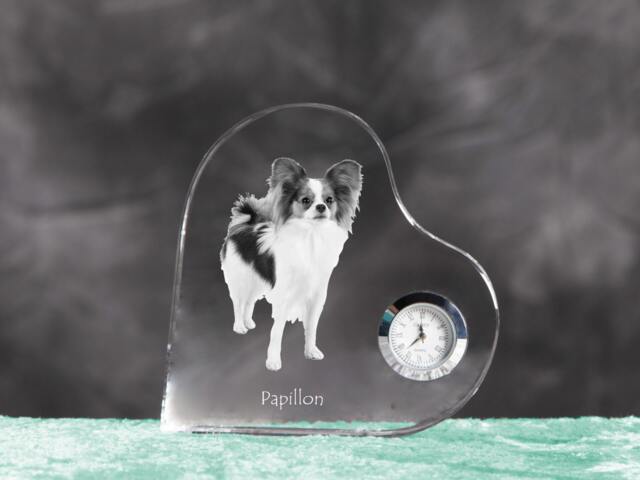 Papillon - Crystal Clock in The Shape Of A Heart With Image Pure-Bred Dog - image 1
