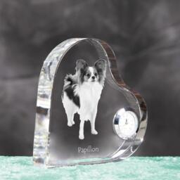 Papillon - Crystal Clock in The Shape Of A Heart With Image Pure-Bred Dog - thumbnail 3