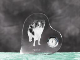 Papillon - Crystal Clock in The Shape Of A Heart With Image Pure-Bred Dog - thumbnail 1