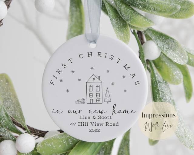 First Christmas in New Home, Personalised Ceramic Ornament, Our House, Tree Bauble, Home Keepsake Decoration