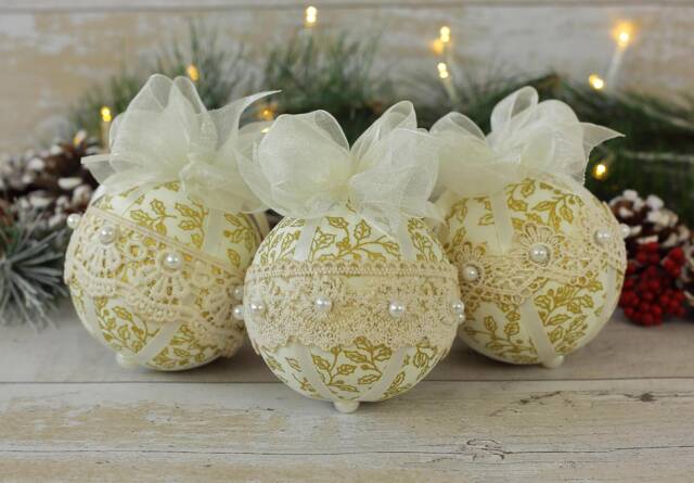 Vintage Style Christmas Baubles Gold Holly Lace Ornaments - image 1