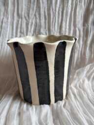 stripe Scalloped Planter, Handmade Glazed Pot, Black Plant Large Vessel, Unique British Gift, Handcrafted Pots