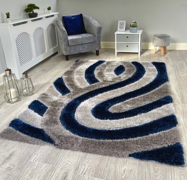 New Silky Soft Navy, Grey, Silver, Tufted Swirl 3D Design Rug