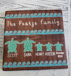 Personalized Sea Turtle Family // Wood Sign Acrylic Dot Art Painting Wall Hanging/Customized Ocean Waves - thumbnail 1
