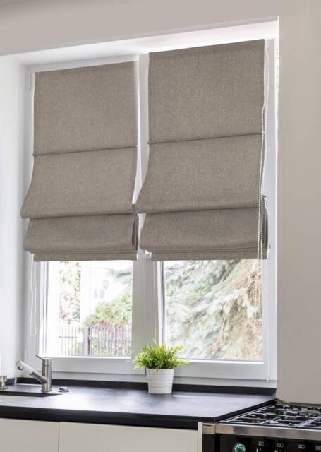Faux Linen Roman Shade, Taupe Heart Trim, Custom Window Treatment - image 1