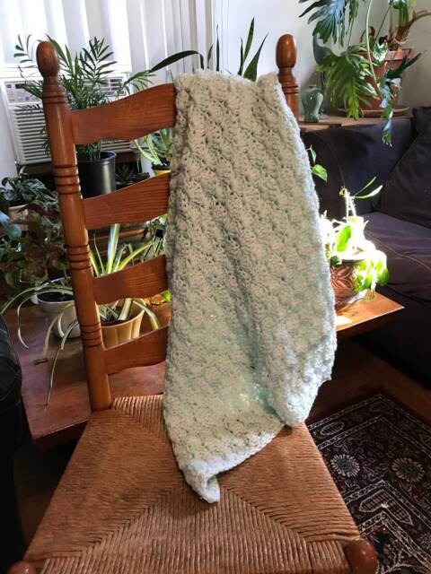 Handmade Crocheted Pale Green & White Afghan Throw Blanket - image 1