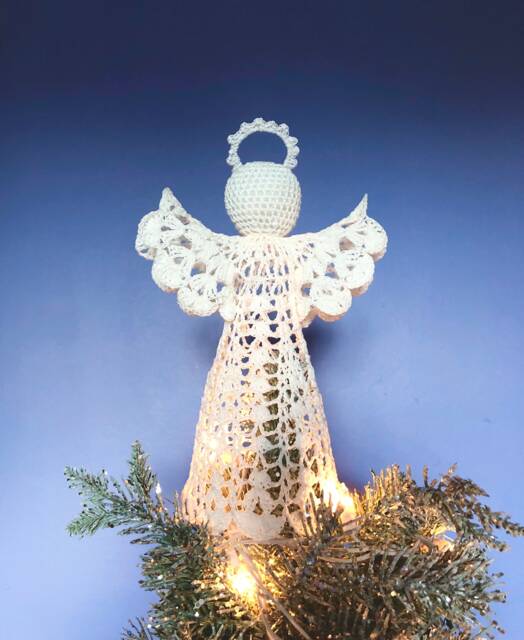 Crochet Angel Christmas Tree Topper White Lace, Gold Outlined - image 1