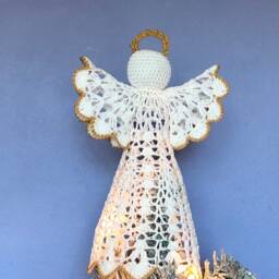 Crochet Angel Christmas Tree Topper White Lace, Gold Outlined - thumbnail 2