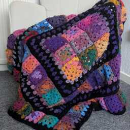 Handmade Colorful Granny Square Crochet Blanket, Black Border, 46 - thumbnail 3
