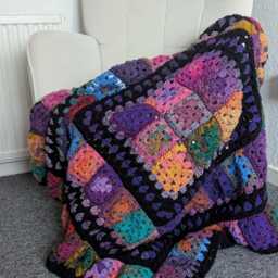 Handmade Colorful Granny Square Crochet Blanket, Black Border, 46 - thumbnail 4