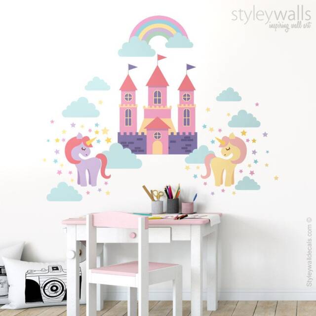 Unicorn Wall Decal, Pony Fairy Tales Castle Rainbow Stars & Clouds Girls Nursery Room Decor Art - image 1