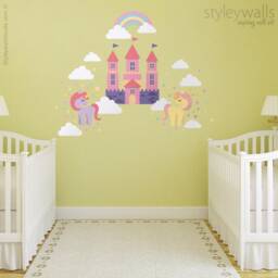 Unicorn Wall Decal, Pony Fairy Tales Castle Rainbow Stars & Clouds Girls Nursery Room Decor Art - thumbnail 2