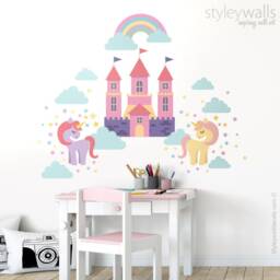 Unicorn Wall Decal, Pony Fairy Tales Castle Rainbow Stars & Clouds Girls Nursery Room Decor Art - thumbnail 1