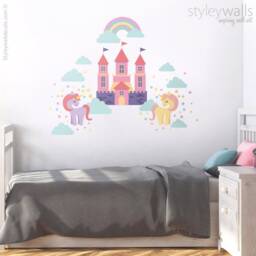 Unicorn Wall Decal, Pony Fairy Tales Castle Rainbow Stars & Clouds Girls Nursery Room Decor Art - thumbnail 3