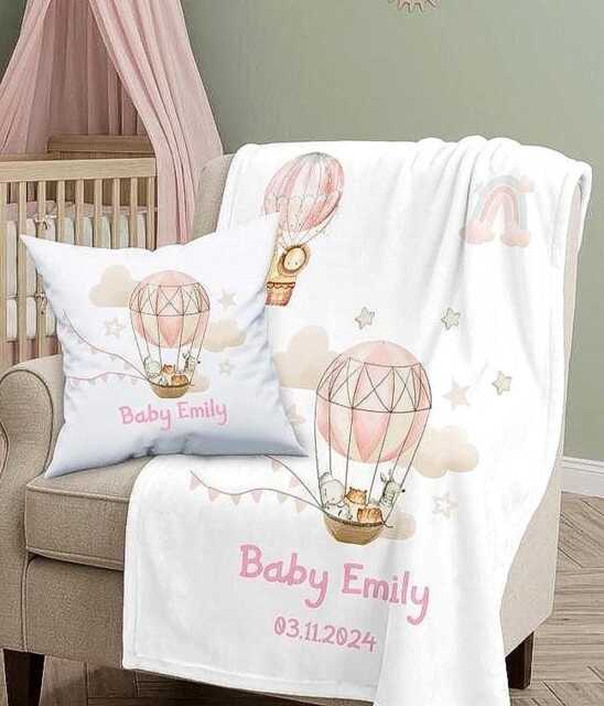Personalized Baby Girl Blanket, Custom Safari Nursery, Hot Air Balloon Toddler Cushion Storage Basket - image 1