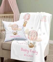 Personalized Baby Girl Blanket, Custom Safari Nursery, Hot Air Balloon Toddler Cushion Storage Basket