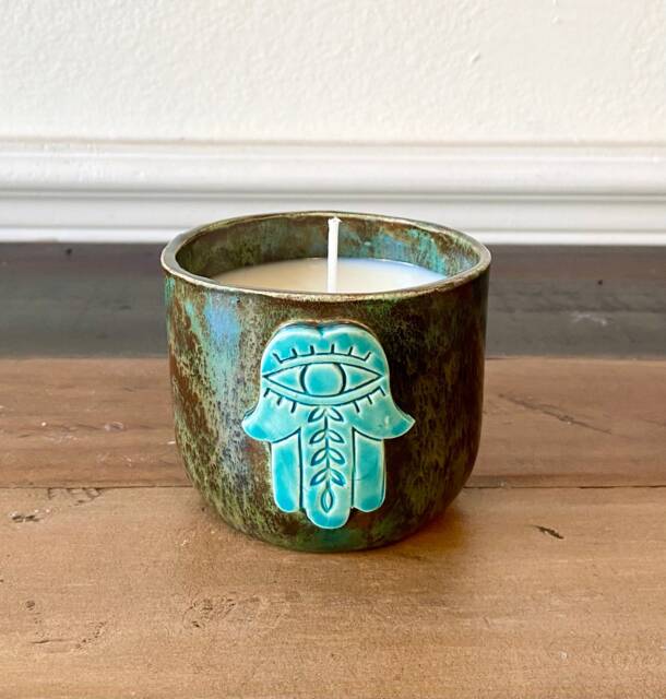 Hand-Poured 6Oz Scented Soy Candle in Handmade Ceramic Hamsa Vessel - Various Scent Options
