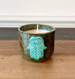 Hand-Poured 6Oz Scented Soy Candle in Handmade Ceramic Hamsa Vessel - Various Scent Options