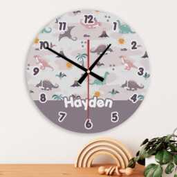 Dinosaur Wall Clock Personalised Glass Wooden 20cm 30cm - Kids Baby Boys Girls Childrens Bedroom Nursery Decor Playroom Accessories Gift - thumbnail 2