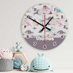 Dinosaur Wall Clock Personalised Glass Wooden 20cm 30cm - Kids Baby Boys Girls Childrens Bedroom Nursery Decor Playroom Accessories Gift