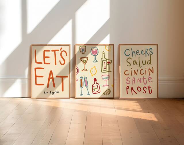 Set Of 3 Dining Prints, Colourful Cheers Print, Retro Wall Art, Kitchen Aesthetic Decor, Gallery Wall, Home Inspo, Unframed - image 1