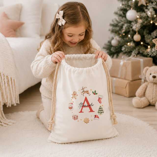 Personalised Canvas Santa Sack - Initial Wreath Baby's First Christmas Merry Xmas Present Gift Wrap - image 1