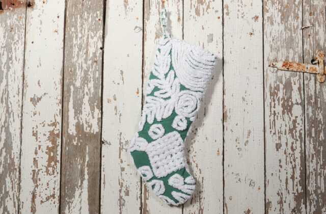 Green & White - Lush & Fluffy Vintage Chenille Christmas Stocking Flower - image 1