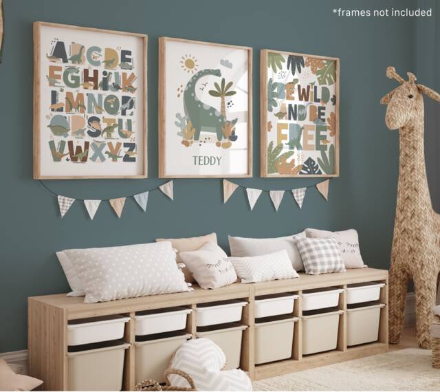 Set Of 3 Personalised Dinosaur Posters, Alphabet Print, Be Wild Bedroom Decor, Playroom Prints, Scandi Kids Ar - image 1