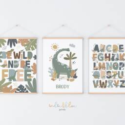 Set Of 3 Personalised Dinosaur Posters, Alphabet Print, Be Wild Bedroom Decor, Playroom Prints, Scandi Kids Ar - thumbnail 2