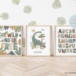 Set Of 3 Personalised Dinosaur Posters, Alphabet Print, Be Wild Bedroom Decor, Playroom Prints, Scandi Kids Ar - thumbnail 3