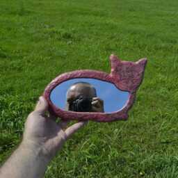 Pink Cat Mirror, Wall Hanging Mirror, Decorative Cat Decor, Lover Gift, House Warming Teacher Shaped Mirror - thumbnail 3
